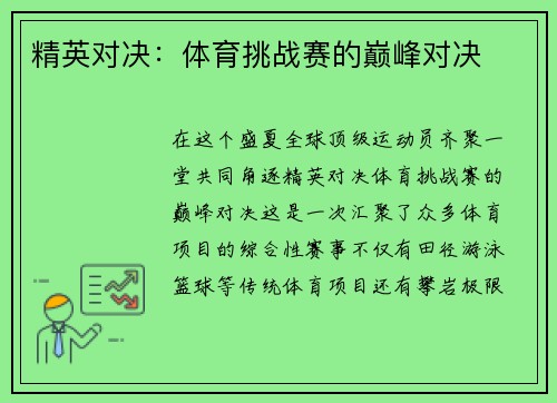 精英对决：体育挑战赛的巅峰对决